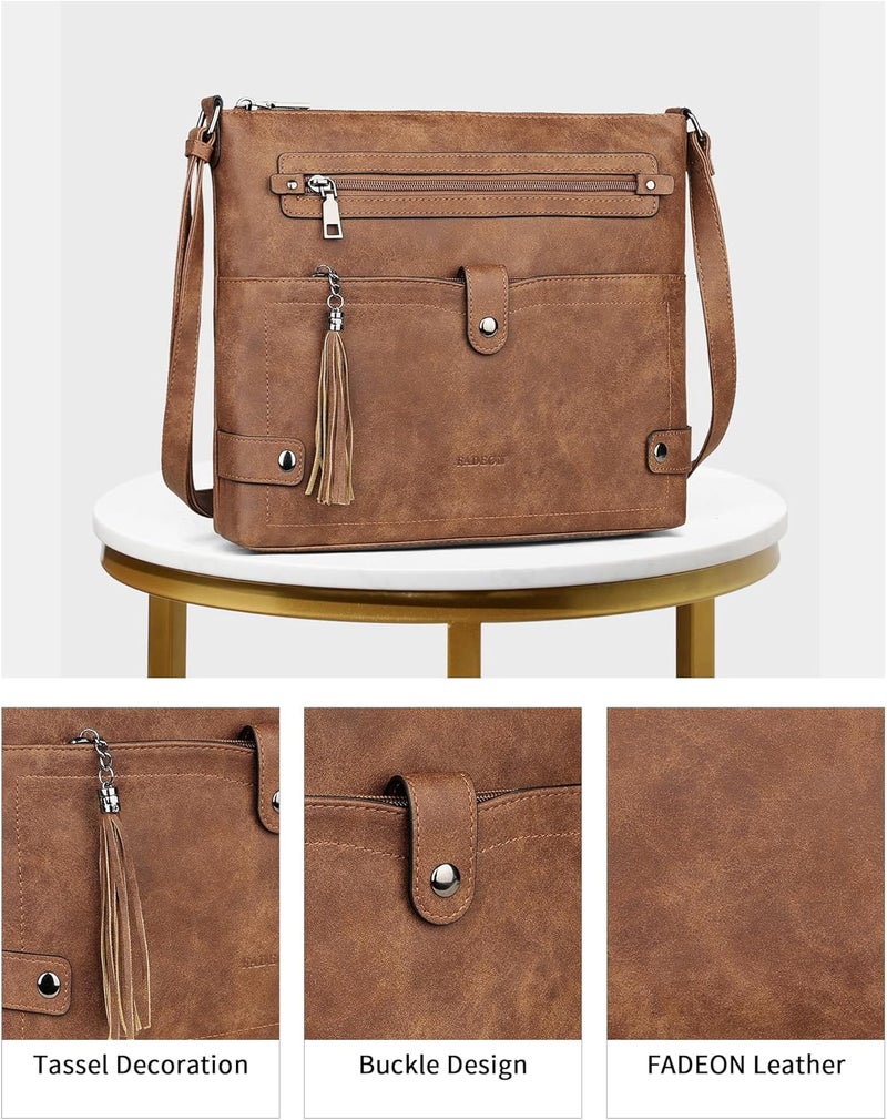 FADEON Large Crossbody Purses for Women Crossbody Bag, Designer Leather Cross Body Purses Multi Pocket Shoulder Bag - Image 4